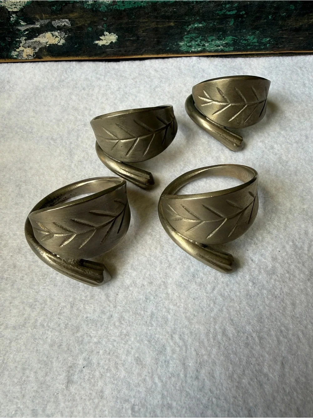 Pewter Napkin Rings Set Of 4 Vintage Leaf Design boho Decor Mid Century